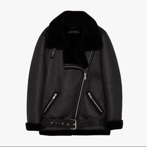 Zara Faux Shearling Black Moto Jacket Small